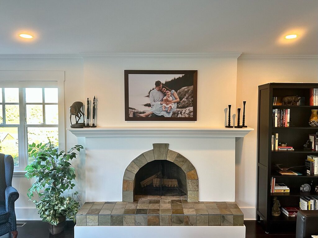 image of family above fireplace. How to sell artwork without being salesy