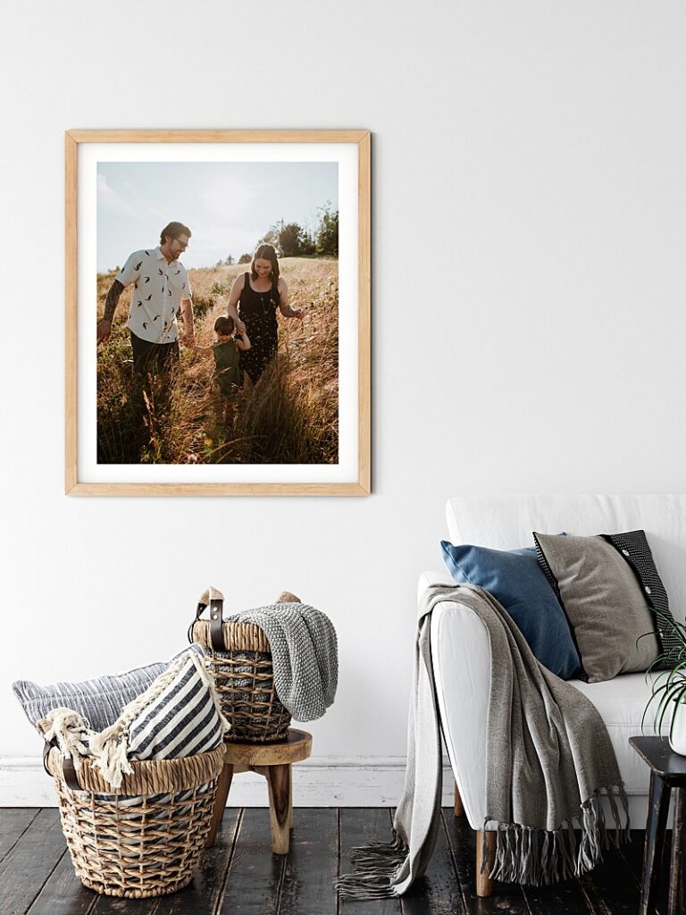 Large format framed image of a family in a field on a living room wall. IPS photographers sell artwork, but you may be asking Should I sell digitals in IPS?